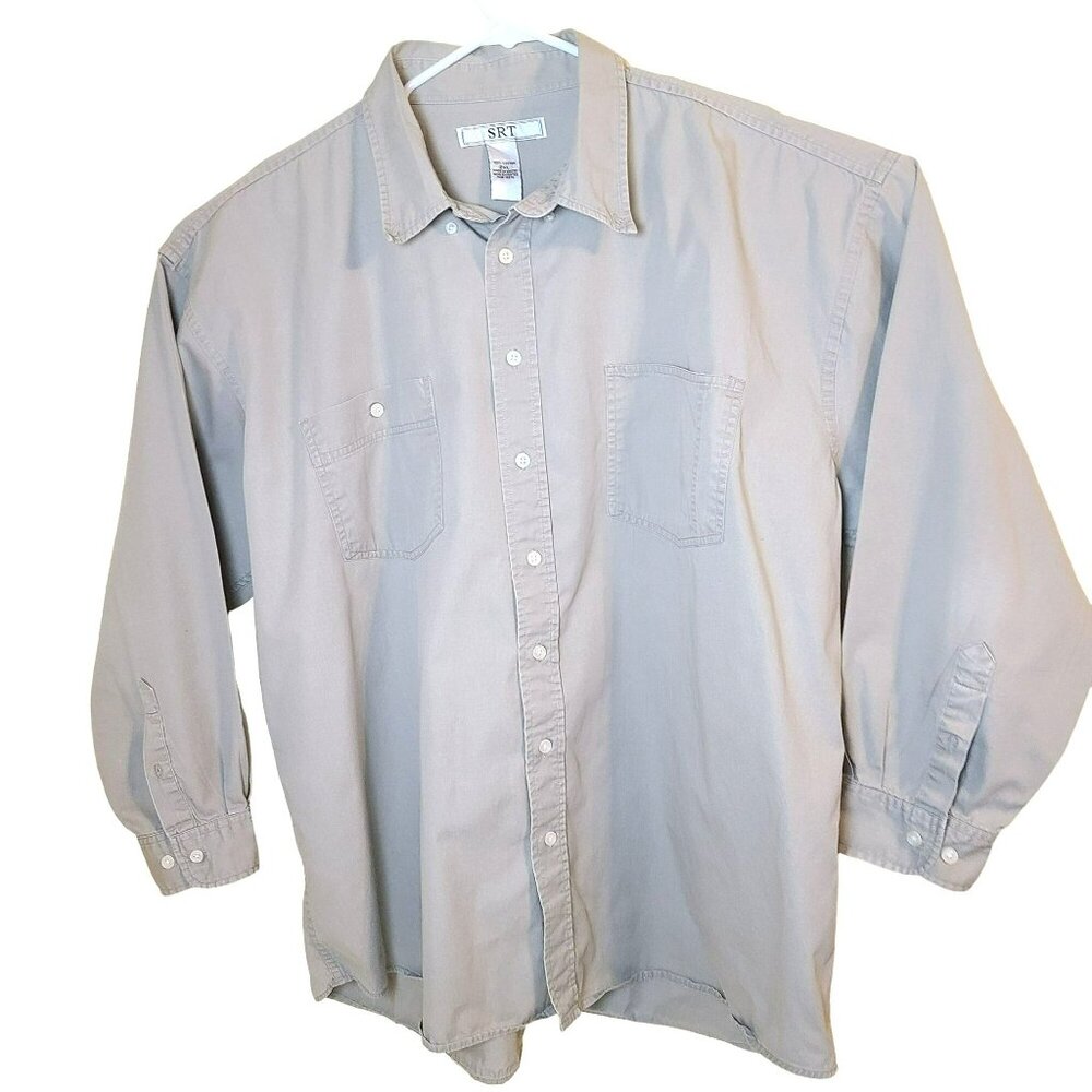 SRT Mens 2XL Long Sleeve Button Down Casual Shirt 100% Cotton Khaki Brown Beige